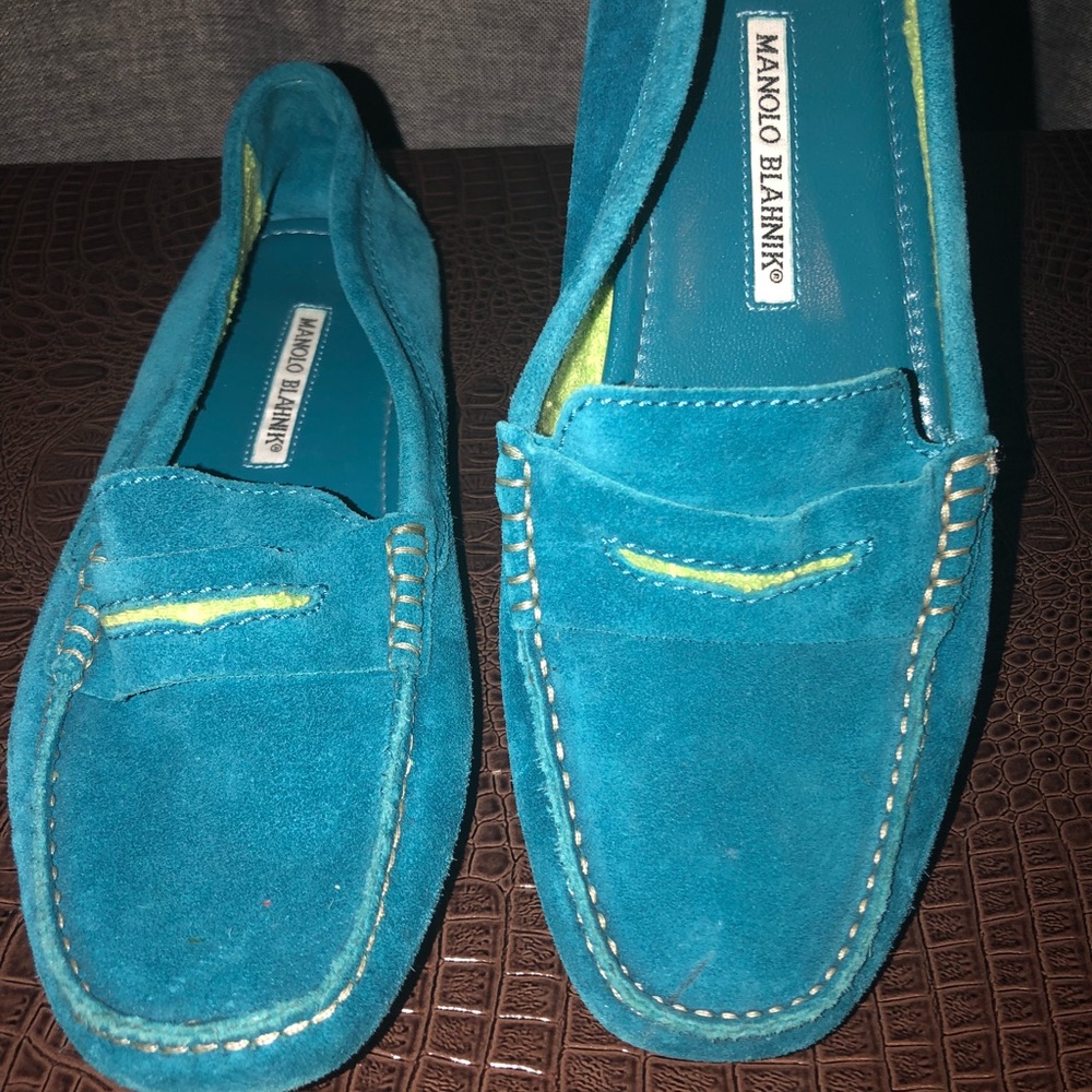Manolo Blahnik terry trimmed suede loafers